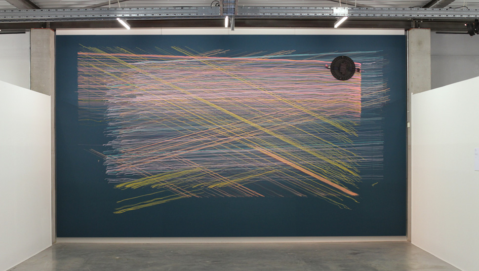 Michael Sebastian Haas, Crosshatching Colorspace, 2015, custom hard- and software, acrylic paint, 6.4 x 3.5 meters. Courtesy to the artist and Quantum Gallery