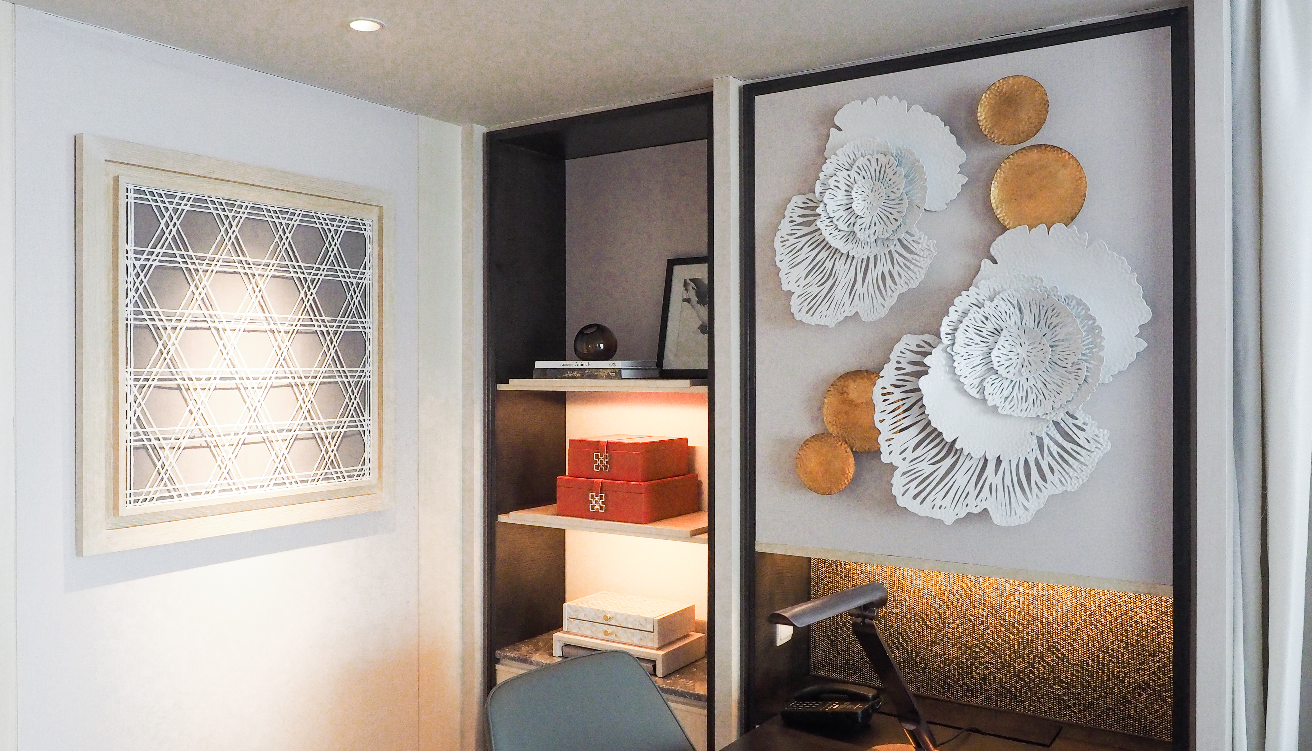 Framed bamboo weaving artwork, tropical blossom on the wall